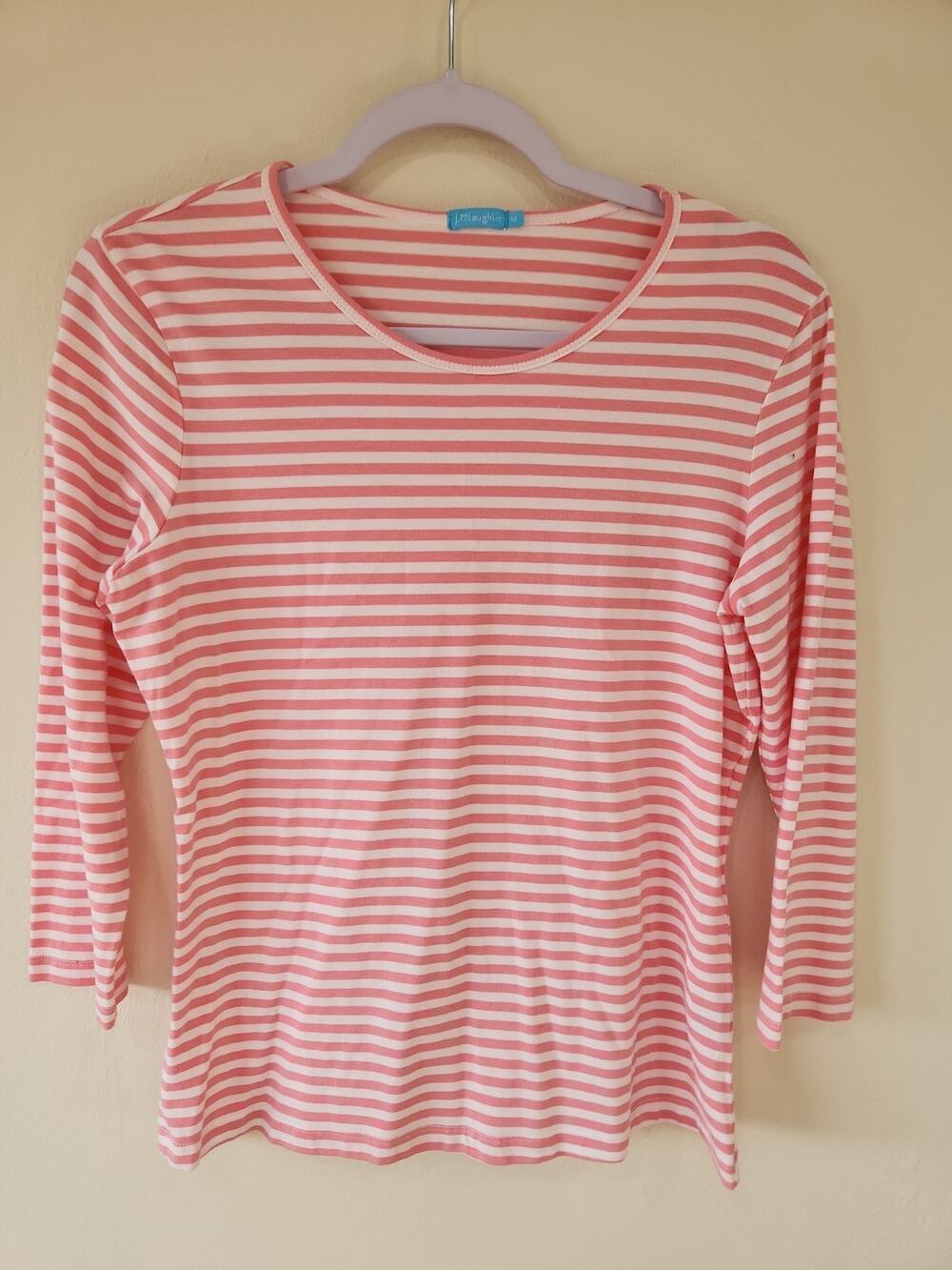 J. McLaughlin Pink/White Striped 3/4 Sleeve Cotton Blend T-Shirt Size Medium
